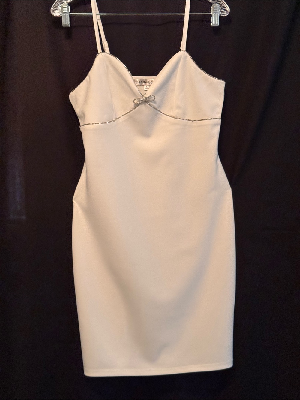 Madden Girl Cream Spaghetti-Strap Bodycon Dress with Rhinestone Trim